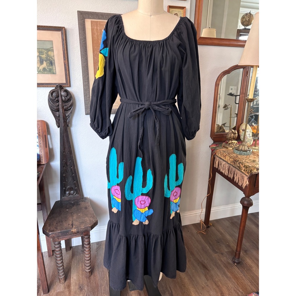 Vintage 70s 80s Alfredo's Wife Dress Black Embroidered Cactus sombrero novelty